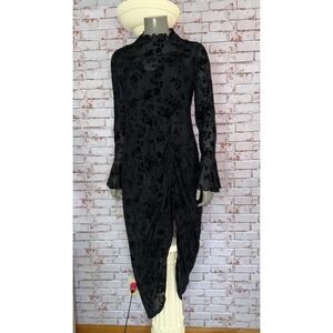 Black Burnout Floral Velvet Mesh Mock Neck Ruched Midi Dress with Bell Sleeves